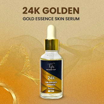 24K Golden Essence Serum bottle with gold label and shimmering background.